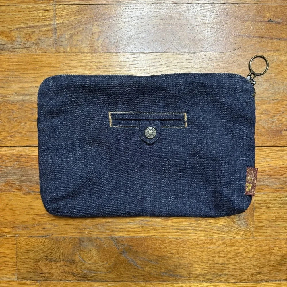 7 For All Mankind Blue‎ Denim Bag - Leopard Print Lining Pouch Purse Clutch NWOT